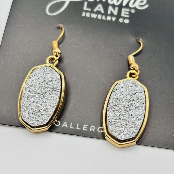 Jasmine Lane Gold Tone Dangle Earrings Silver Glitter Oval Stone Drop Hypoallerg - Picture 2 of 4